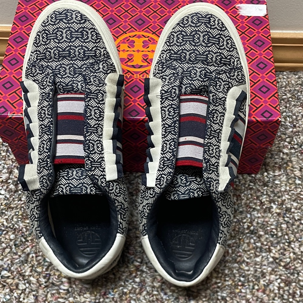 Tory Burch Navy, Ivory & Red Patterned Slip-On Sneakers - Picture 4 of 5
